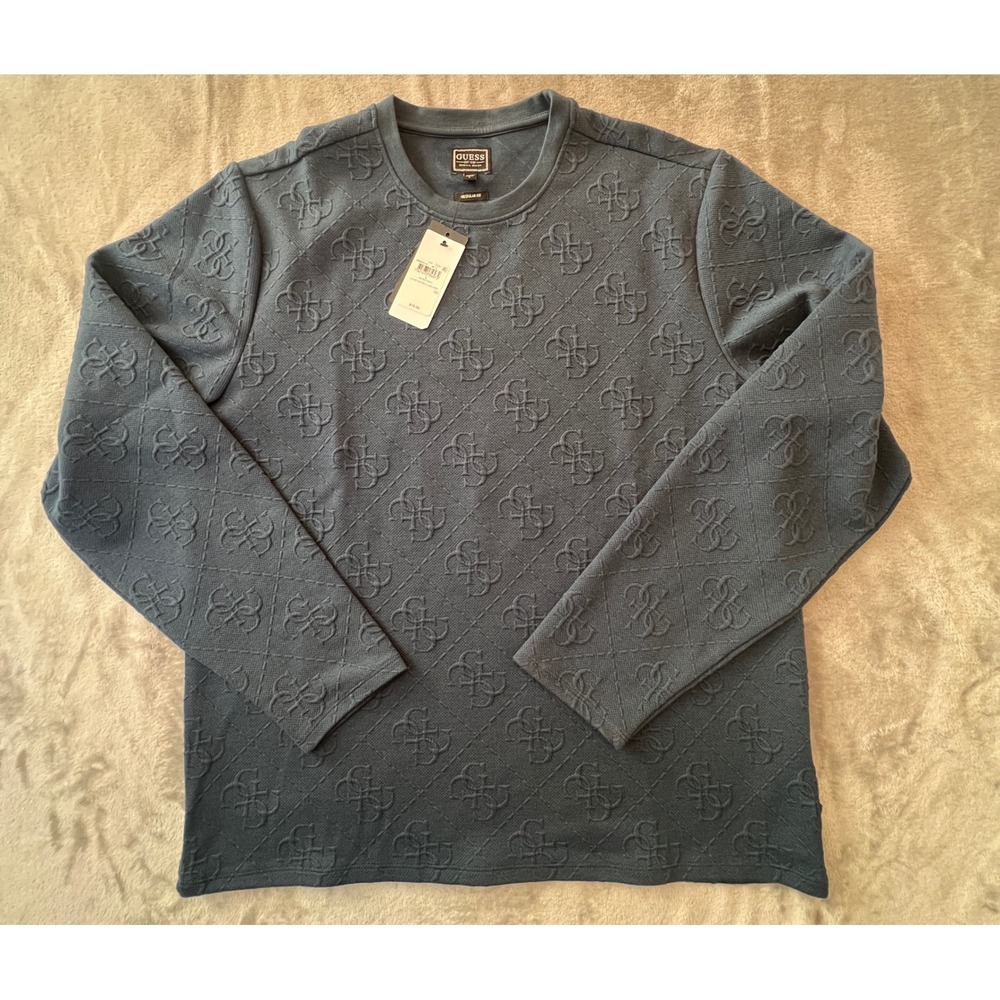 Guess Sweater Mens Large Blue LS Knit Quattro G Logo Crew